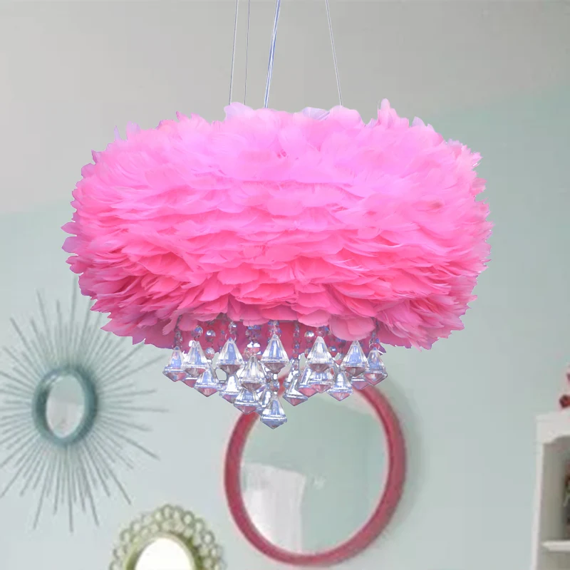 Roze koepel hanglamp hedendaagse 3-lichts veren kroonluchterlamp met kristallen drapering Clearhalo