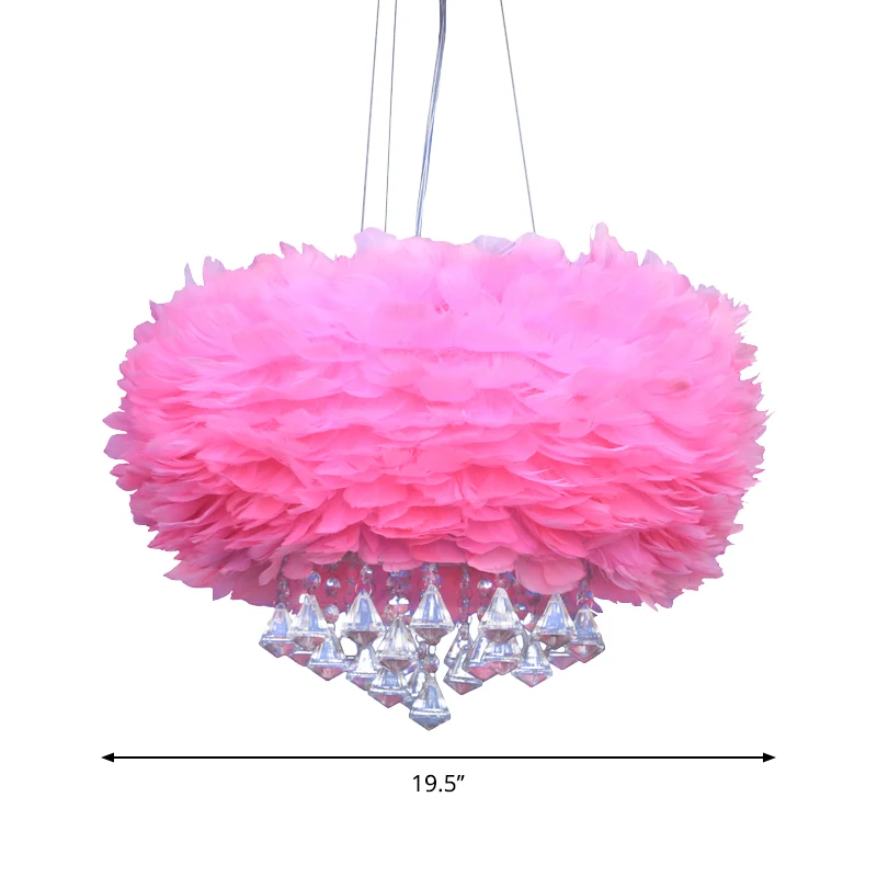 Roze koepel hanglamp hedendaagse 3-lichts veren kroonluchterlamp met kristallen drapering Clearhalo