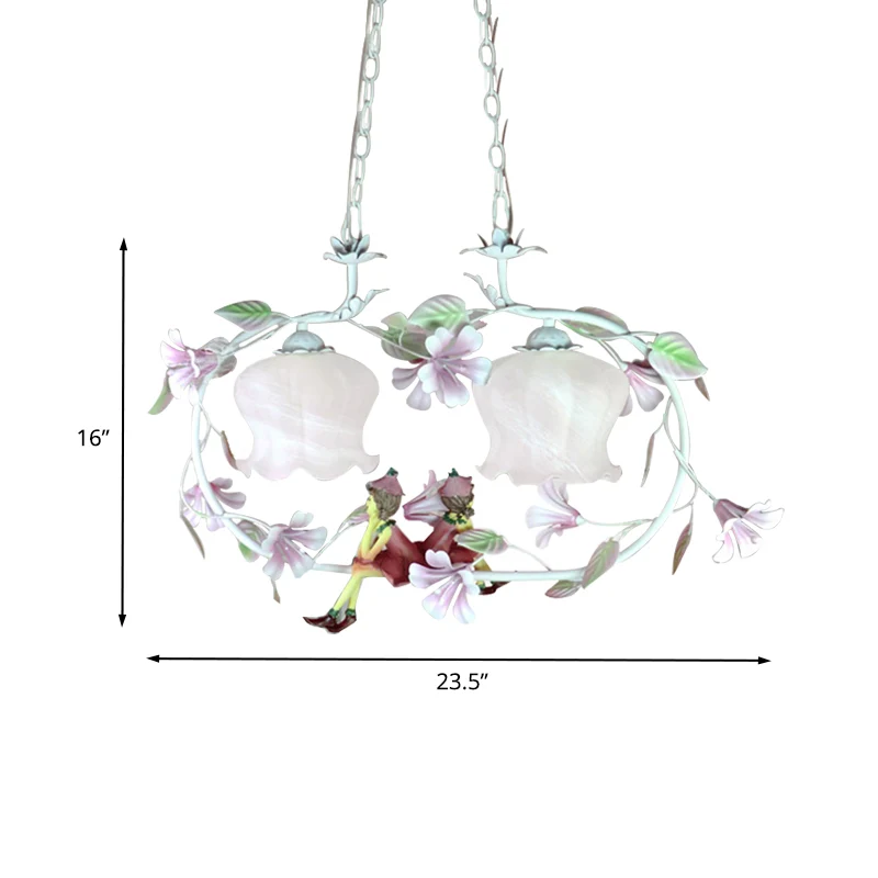 Roze ovale hangende kroonluchter pastoraal wit glas 2 lampen woonkamer plafondhanger Clearhalo