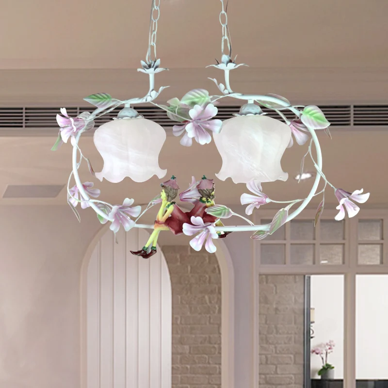 Roze ovale hangende kroonluchter pastoraal wit glas 2 lampen woonkamer plafondhanger Clearhalo