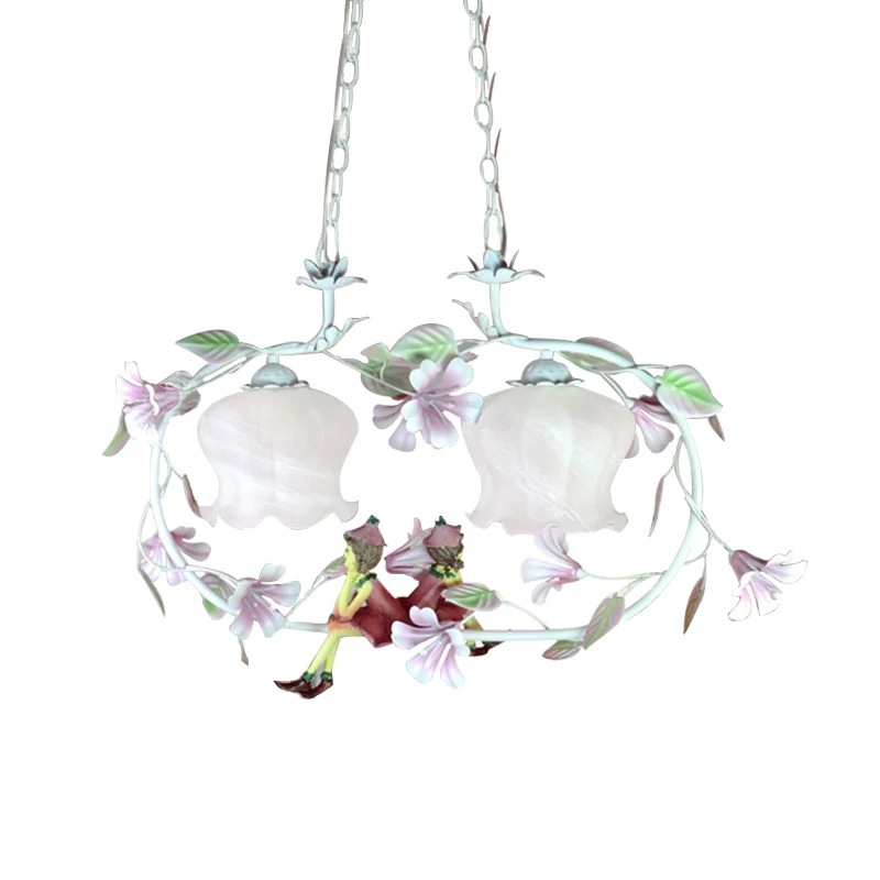 Roze ovale hangende kroonluchter pastoraal wit glas 2 lampen woonkamer plafondhanger Clearhalo