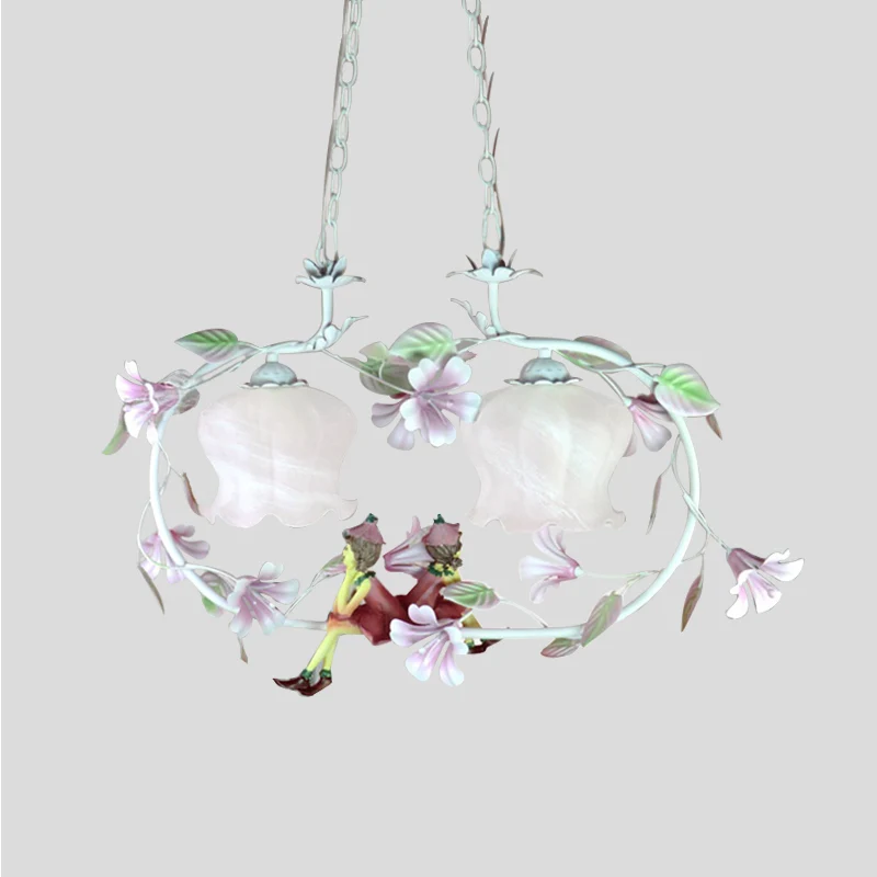 Roze ovale hangende kroonluchter pastoraal wit glas 2 lampen woonkamer plafondhanger Clearhalo