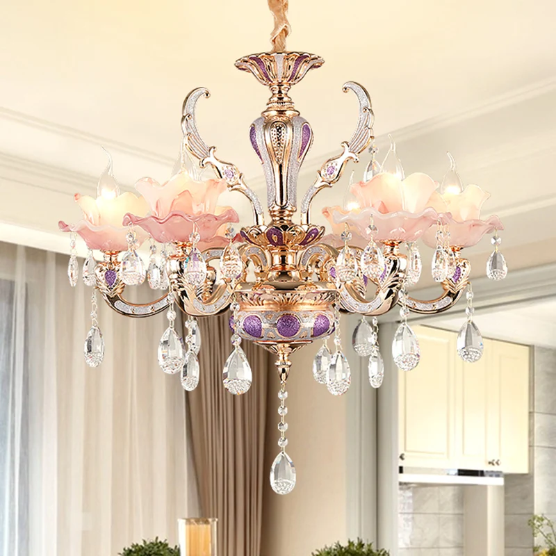 Roze ruches bloemenkroonluchter lichte retro ondoorzichtige glazen woonkamer hanglamp met hangend kristal Clearhalo