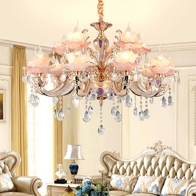 Roze ruches bloemenkroonluchter lichte retro ondoorzichtige glazen woonkamer hanglamp met hangend kristal Clearhalo