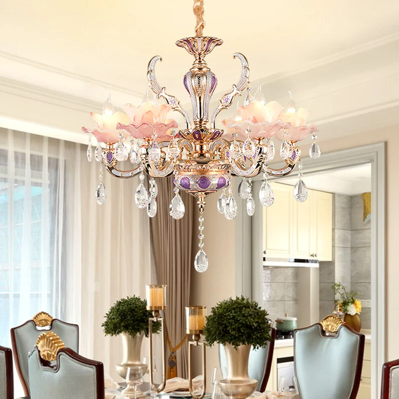 Roze ruches bloemenkroonluchter lichte retro ondoorzichtige glazen woonkamer hanglamp met hangend kristal Clearhalo