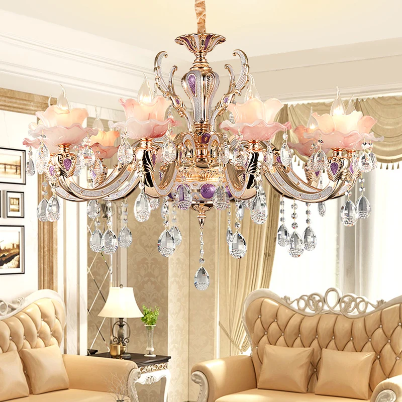 Roze ruches bloemenkroonluchter lichte retro ondoorzichtige glazen woonkamer hanglamp met hangend kristal Clearhalo