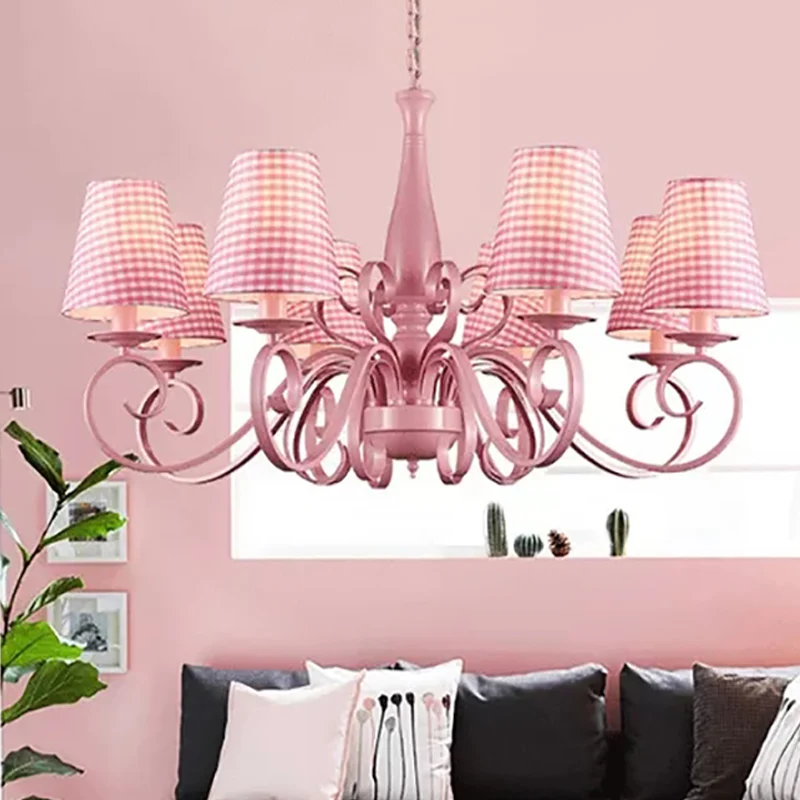 Roze taps toelopende schaduwkroonluchter 8-kops metalen hanglamp voor hotelrestaurant Clearhalo