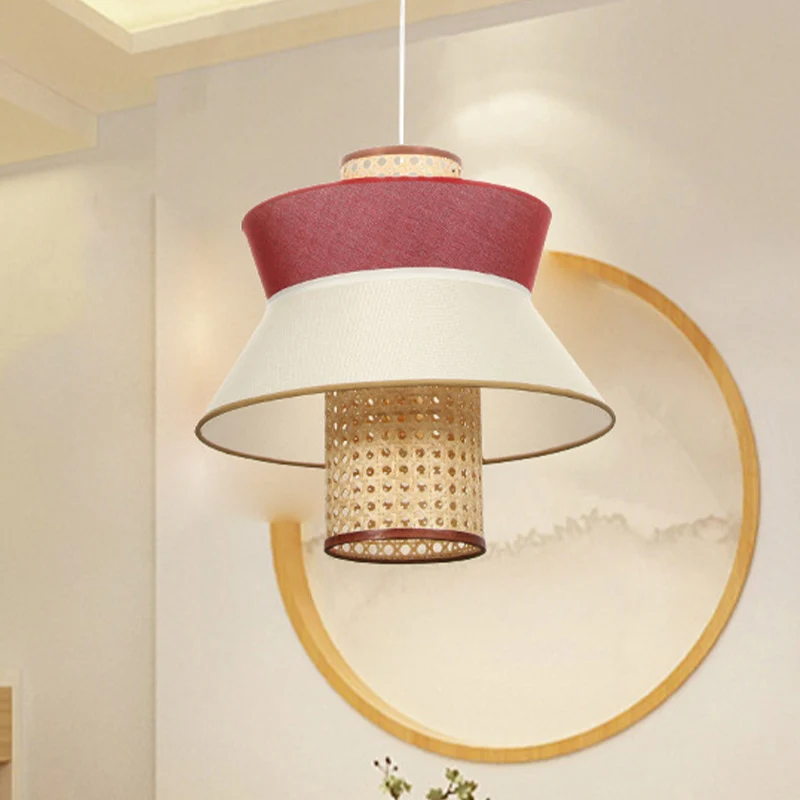 Roze uitlopende plafondhanglamp Aziatische stijl enkele lamp rotan hanglampset voor eetkamer Clearhalo