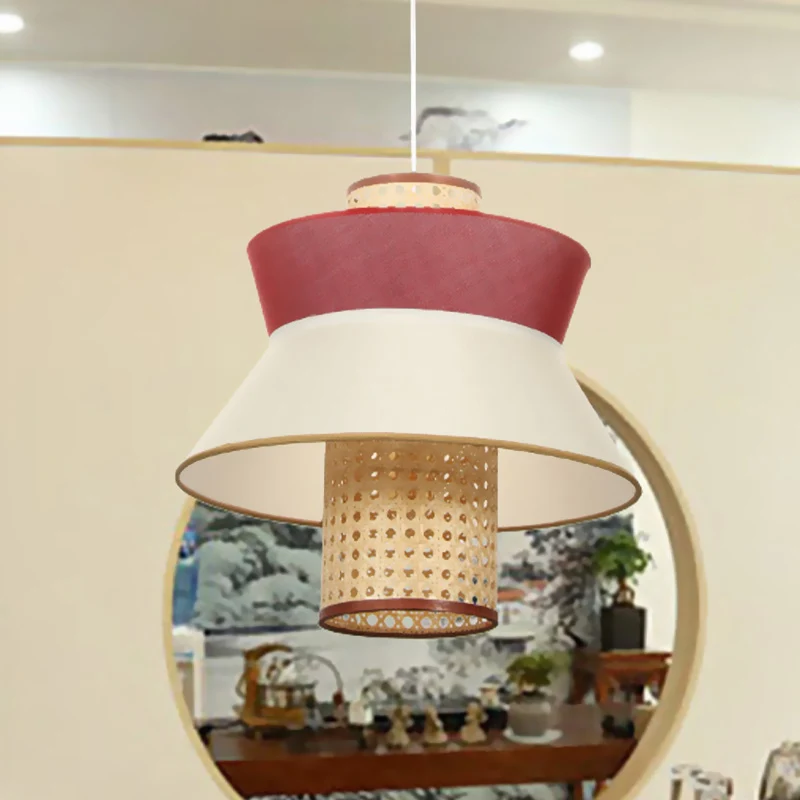 Roze uitlopende plafondhanglamp Aziatische stijl enkele lamp rotan hanglampset voor eetkamer Clearhalo