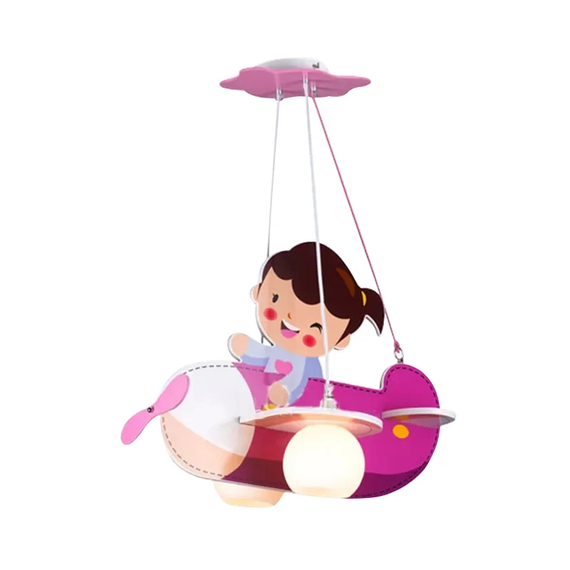 Roze vliegtuig hanglamp met klein meisje 2 lichtjes cartoon houten kroonluchter voor kinderslaapkamer Clearhalo