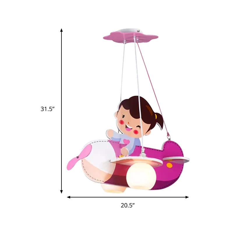 Roze vliegtuig hanglamp met klein meisje 2 lichtjes cartoon houten kroonluchter voor kinderslaapkamer Clearhalo