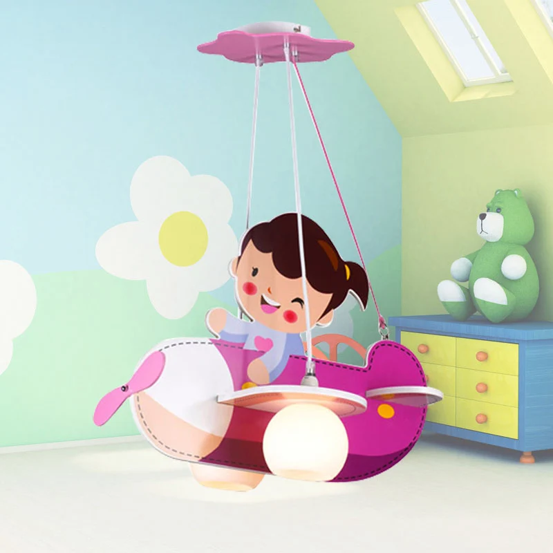 Roze vliegtuig hanglamp met klein meisje 2 lichtjes cartoon houten kroonluchter voor kinderslaapkamer Clearhalo