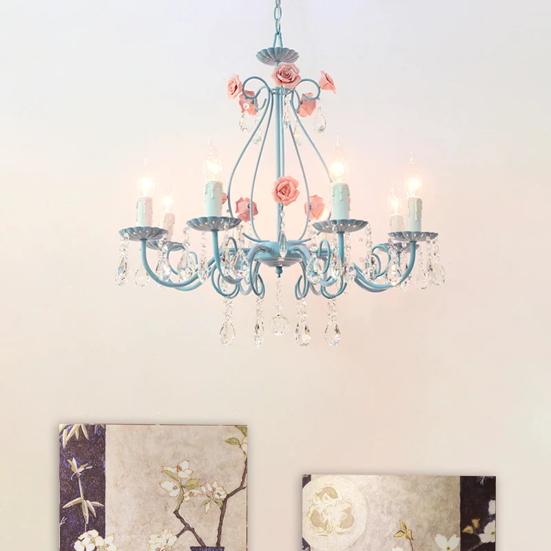 Roze/gele kaars hangende kroonluchter traditionele helder kristal 5/8 lichten woonkamer plafond hanger Clearhalo