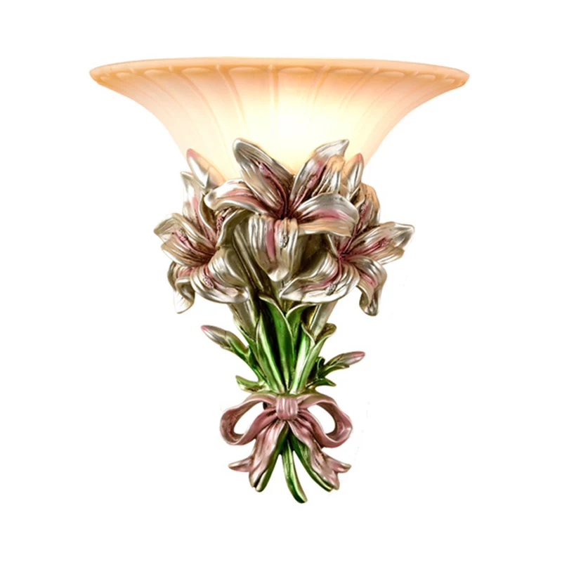 Roze/gouden 1-lichts wandkandelaar retro hars bloemen wandgemonteerde lamp met trompetglazen kap Clearhalo