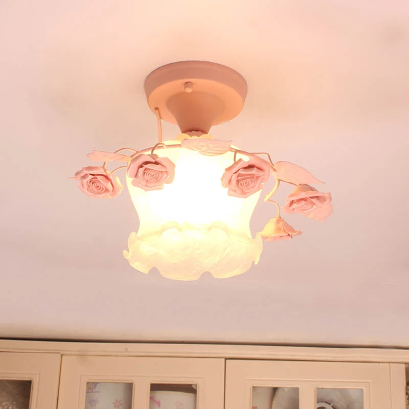 Ruche mat wit glas semi-inbouwlamp pastorale stijl 1-lichts eetkamer plafondverlichting roze/wit/blauw Clearhalo