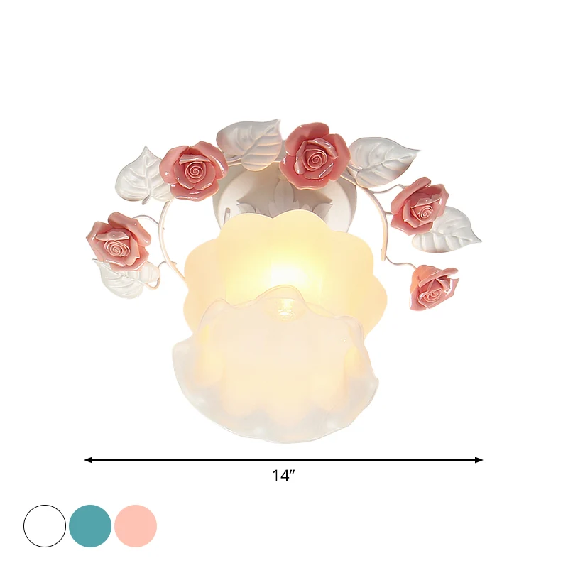 Ruche mat wit glas semi-inbouwlamp pastorale stijl 1-lichts eetkamer plafondverlichting roze/wit/blauw Clearhalo