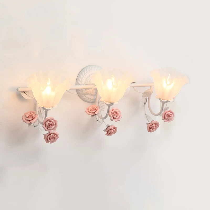 Ruffle badkamer wandmontage licht Amerikaanse bloem matglas 2/3-Head roze/blauwe ijdelheid schans Clearhalo