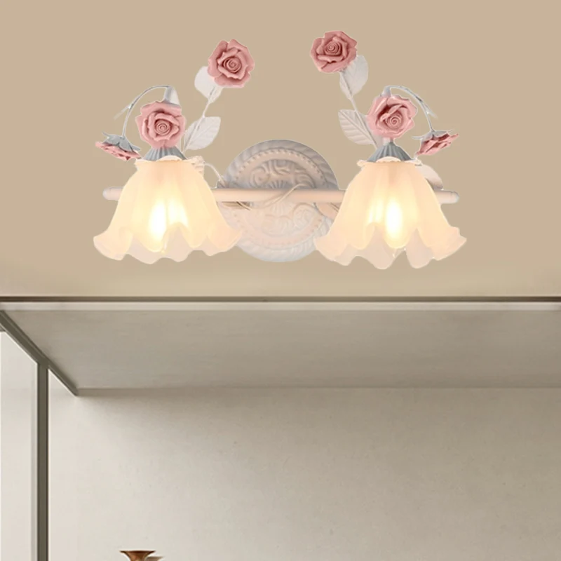 Ruffle badkamer wandmontage licht Amerikaanse bloem matglas 2/3-Head roze/blauwe ijdelheid schans Clearhalo
