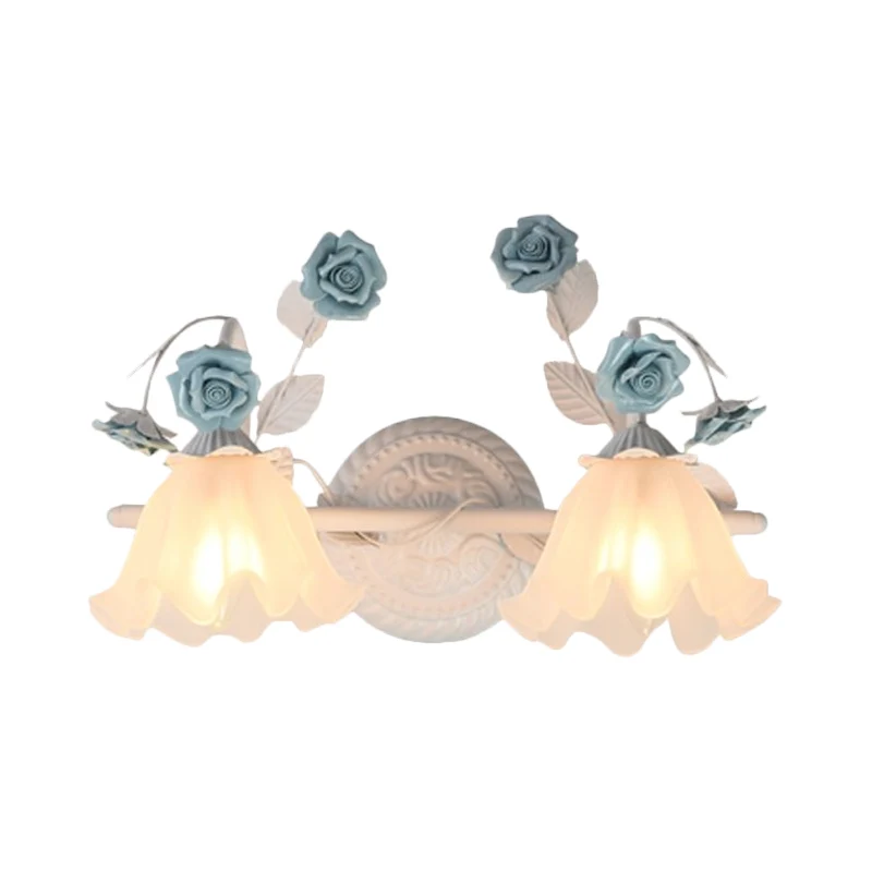 Ruffle badkamer wandmontage licht Amerikaanse bloem matglas 2/3-Head roze/blauwe ijdelheid schans Clearhalo