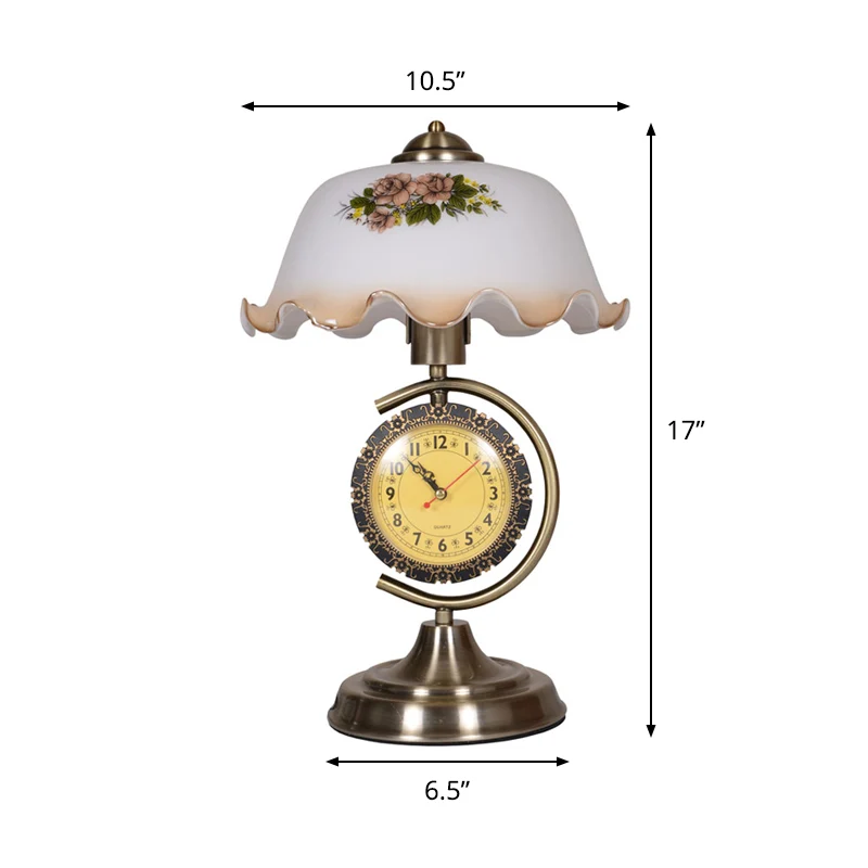 Ruffle Bowl Shade Opal Glass Table Lamp Pastorale Single Zitkamer Nachtlampje met C Arm en Klok Messing Clearhalo