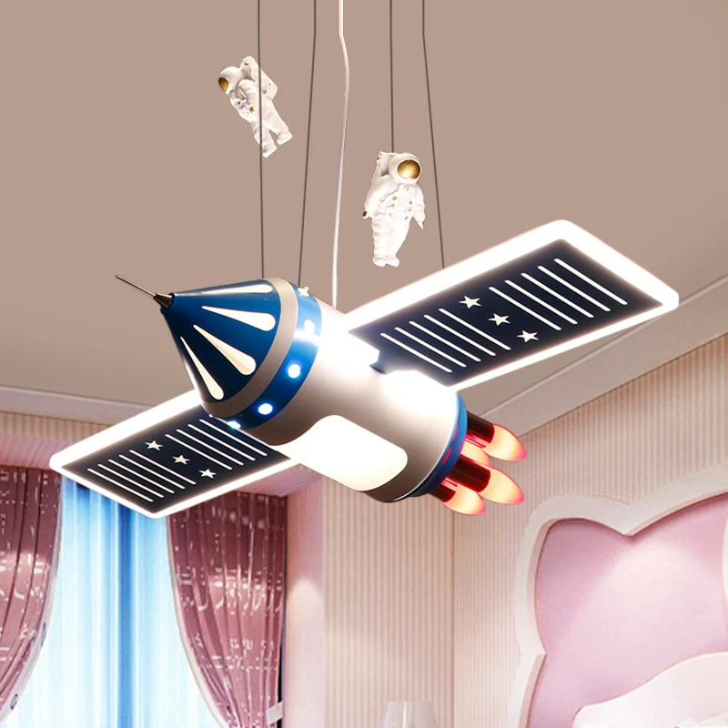 Ruimteschip kroonluchter lichtpunt cartoon metaal 4 lampen rood/blauw hangende hanglamp voor kinderkamer Clearhalo