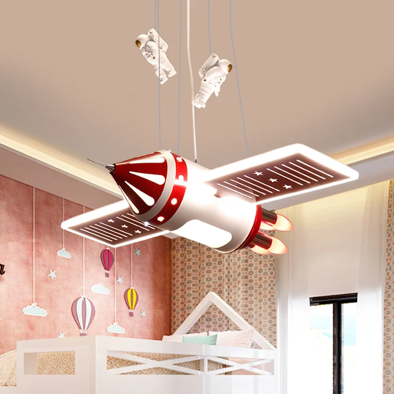 Ruimteschip kroonluchter lichtpunt cartoon metaal 4 lampen rood/blauw hangende hanglamp voor kinderkamer Clearhalo