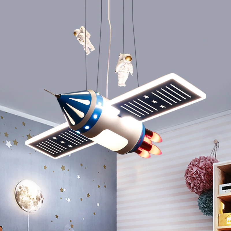 Ruimteschip kroonluchter lichtpunt cartoon metaal 4 lampen rood/blauw hangende hanglamp voor kinderkamer Clearhalo