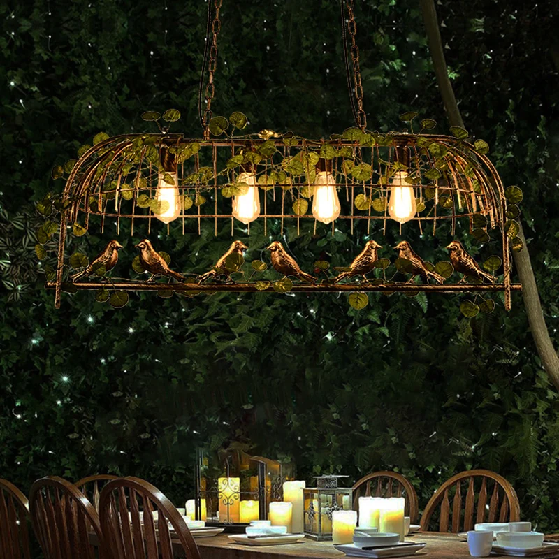 Rustieke Birdcage Island-lamp, metalen plafondhanglamp met kunstmatige klimop voor restaurant Clearhalo