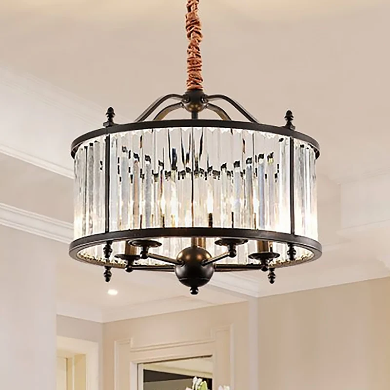 Rustieke cilinder kristallen prisma kroonluchter licht 3/5 lampen hangende plafondlamp voor eetkamer zwart Clearhalo