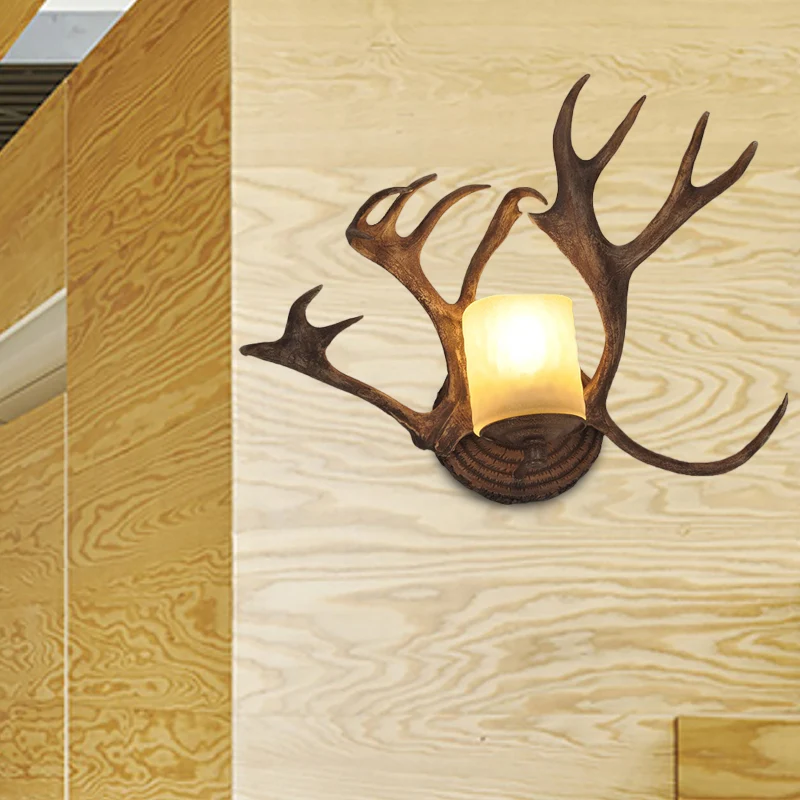 Rustieke Drum Sconce Lamp 1 Lamp Hars en Matglas Wandlamp Hout voor Badkamer met Gewei Deco Clearhalo