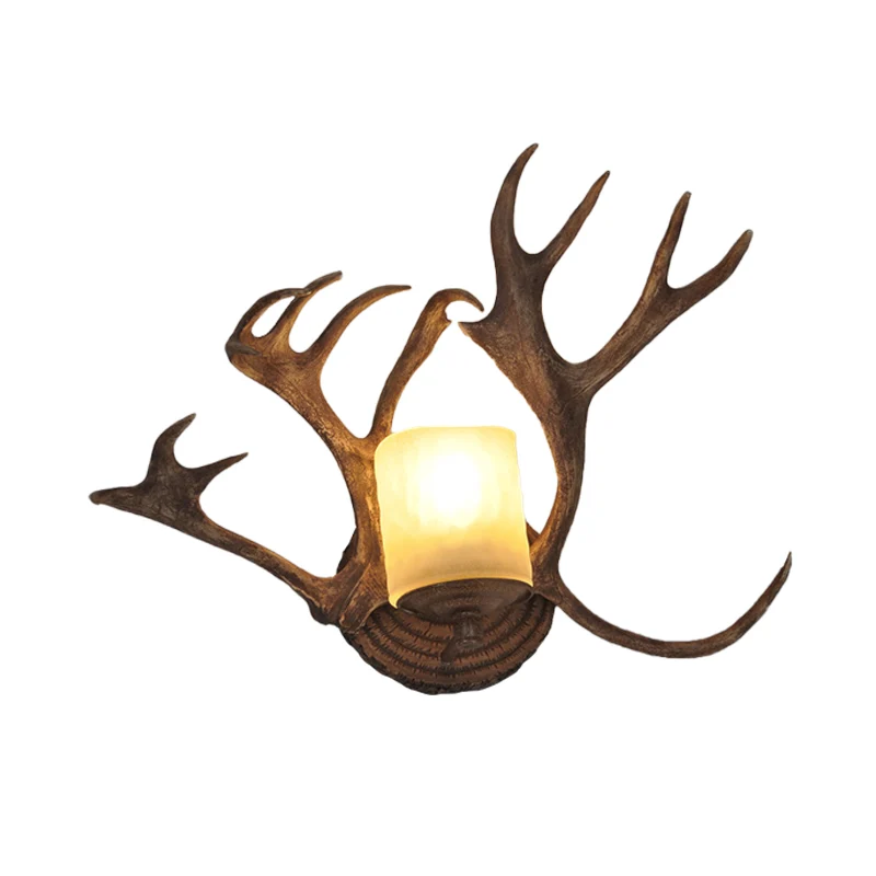 Rustieke Drum Sconce Lamp 1 Lamp Hars en Matglas Wandlamp Hout voor Badkamer met Gewei Deco Clearhalo