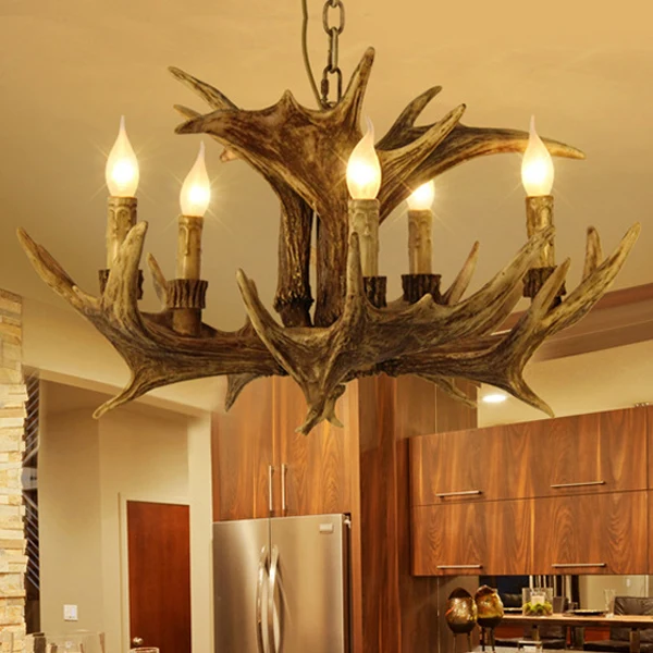 Rustieke faux gewei plafondkroonluchter 5 koppen hars hangende hanglamp bruin voor woonkamer Clearhalo