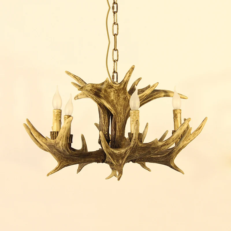 Rustieke faux gewei plafondkroonluchter 5 koppen hars hangende hanglamp bruin voor woonkamer Clearhalo