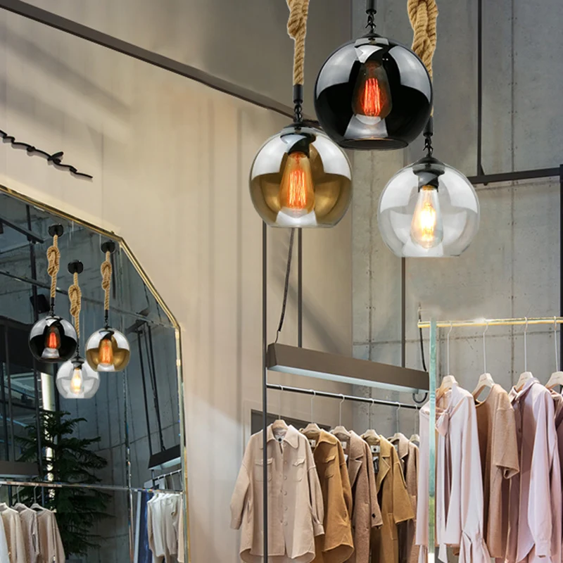 Rustieke Globe Glazen Kap Hanglamp Vintage Industriële Henneptouw Hanglamp voor Foyer Keuken Restaurant Clearhalo