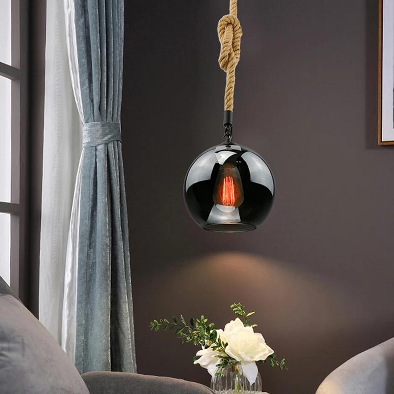 Rustieke Globe Glazen Kap Hanglamp Vintage Industriële Henneptouw Hanglamp voor Foyer Keuken Restaurant Clearhalo