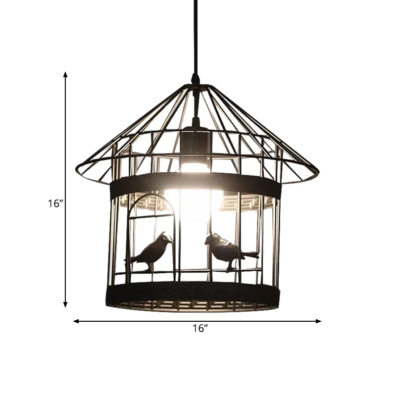 Rustieke hanglamp van metaal met 1 kop en vogelkooi zwart met vogeldecoratie Clearhalo
