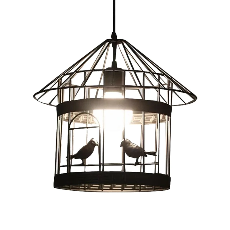 Rustieke hanglamp van metaal met 1 kop en vogelkooi zwart met vogeldecoratie Clearhalo