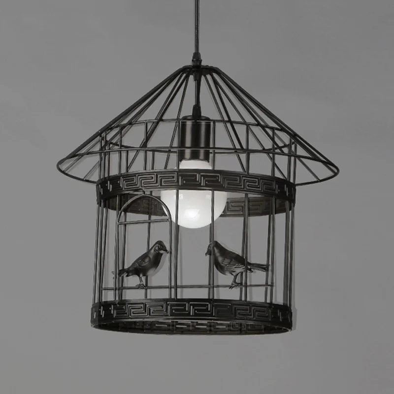Rustieke hanglamp van metaal met 1 kop en vogelkooi zwart met vogeldecoratie Clearhalo