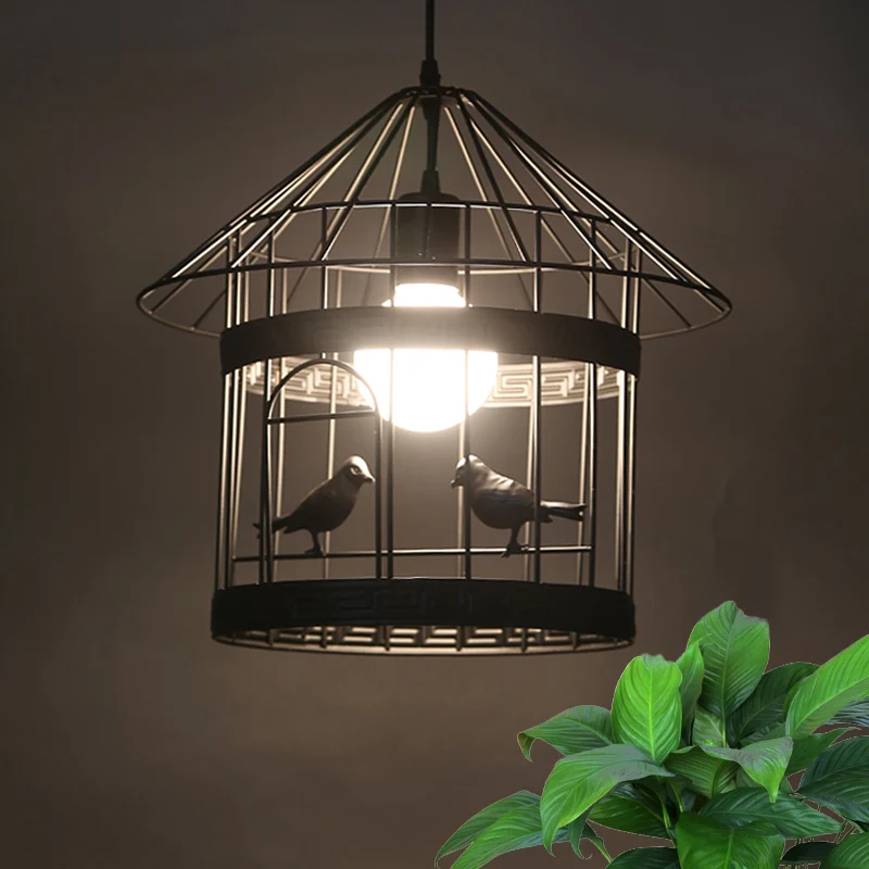 Rustieke hanglamp van metaal met 1 kop en vogelkooi zwart met vogeldecoratie Clearhalo