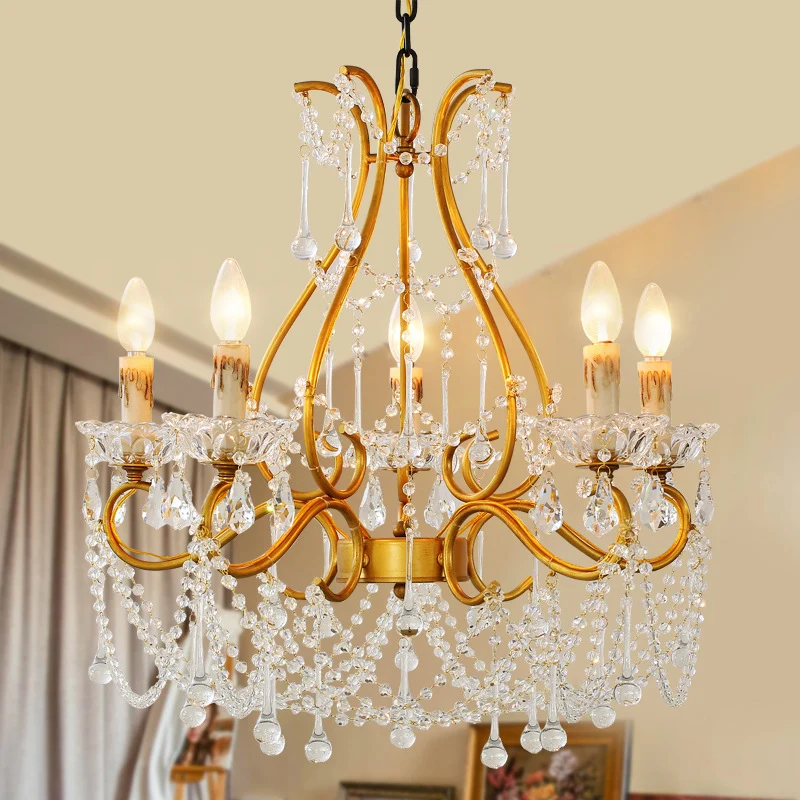 Rustieke kroonluchter kaarsstijl, 5-lichts kristallen hanglamp goud voor woonkamer Clearhalo