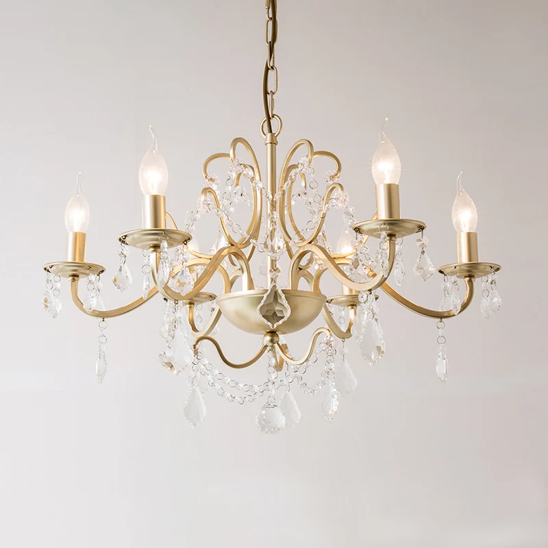 Rustieke kroonluchter met gebogen arm, 6/8 licht, kristallen hanglamp goud voor slaapkamer Clearhalo