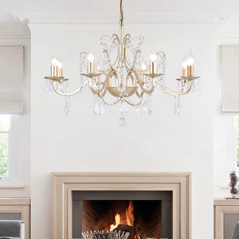 Rustieke kroonluchter met gebogen arm, 6/8 licht, kristallen hanglamp goud voor slaapkamer Clearhalo