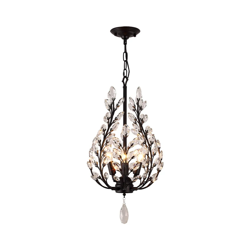 Rustieke laurierkroonluchterverlichting, 4-lichts helder kristallen plafondhanglamp zwart Clearhalo