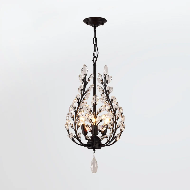 Rustieke laurierkroonluchterverlichting, 4-lichts helder kristallen plafondhanglamp zwart Clearhalo