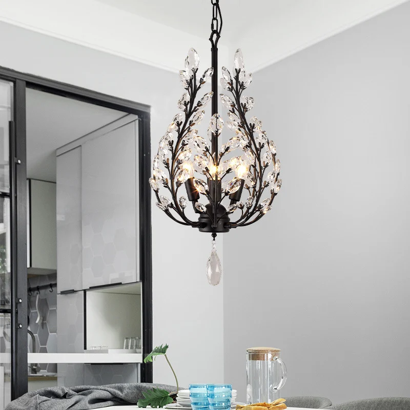 Rustieke laurierkroonluchterverlichting, 4-lichts helder kristallen plafondhanglamp zwart Clearhalo