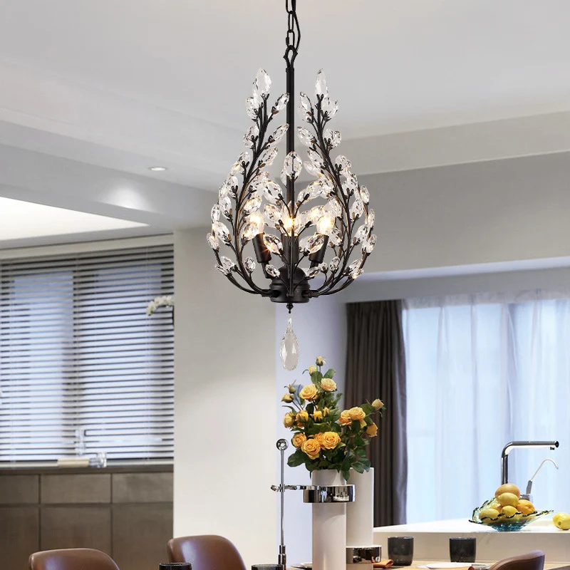 Rustieke laurierkroonluchterverlichting, 4-lichts helder kristallen plafondhanglamp zwart Clearhalo
