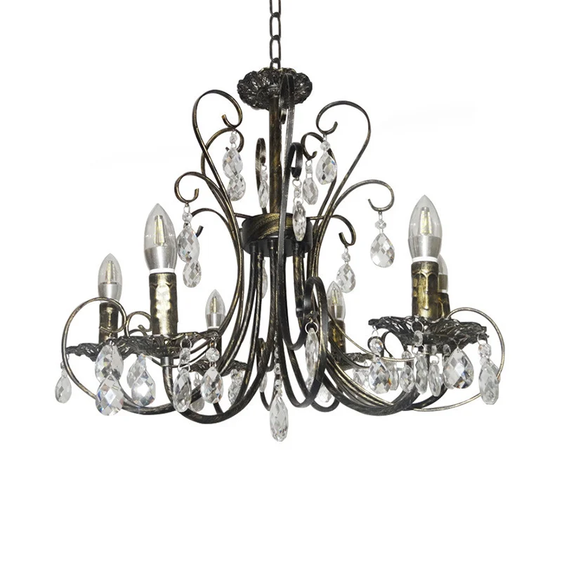 Rustieke stijl kaarskroonluchter verlichting smeedijzeren 6-lichts hanglamp met kristallen accent messing Clearhalo