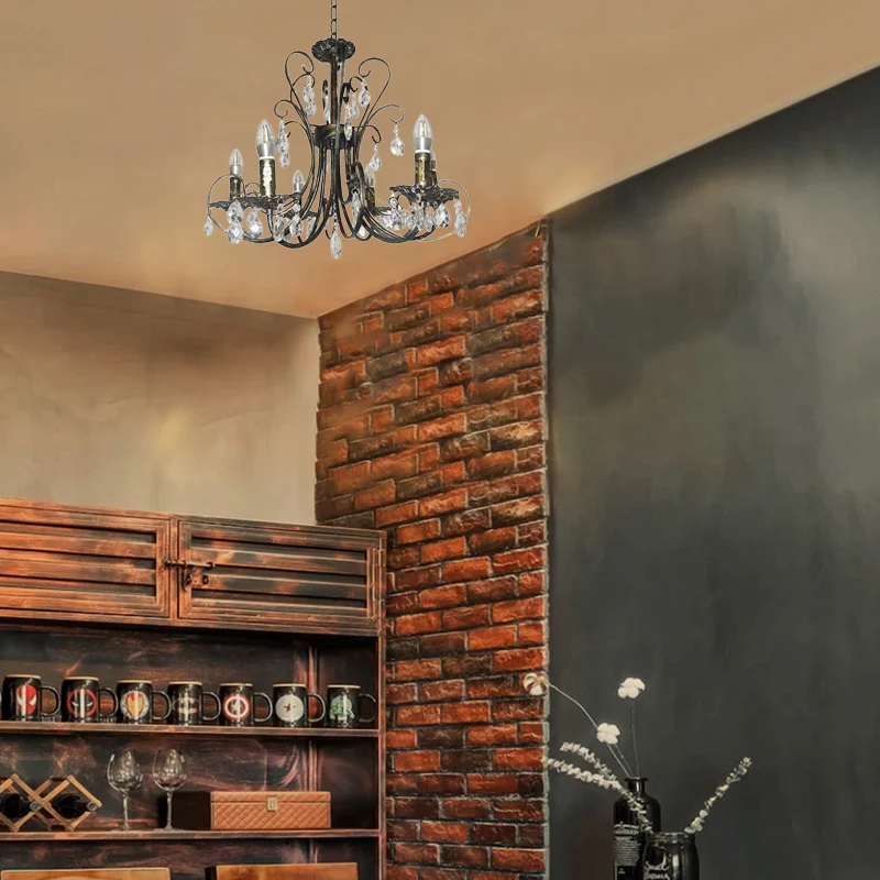 Rustieke stijl kaarskroonluchter verlichting smeedijzeren 6-lichts hanglamp met kristallen accent messing Clearhalo