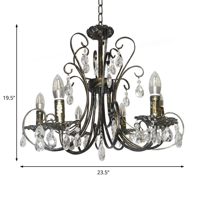Rustieke stijl kaarskroonluchter verlichting smeedijzeren 6-lichts hanglamp met kristallen accent messing Clearhalo