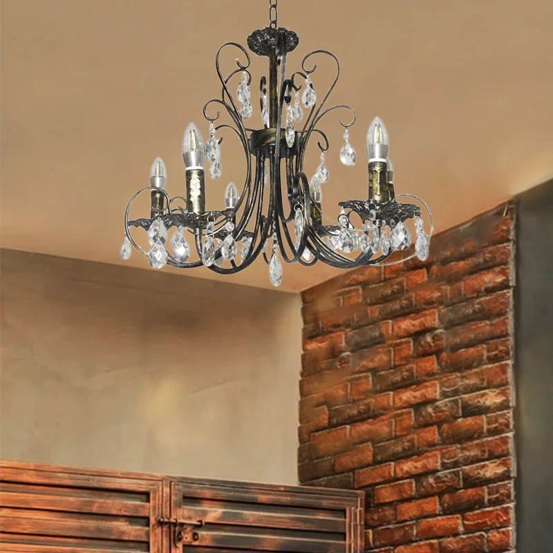 Rustieke stijl kaarskroonluchter verlichting smeedijzeren 6-lichts hanglamp met kristallen accent messing Clearhalo